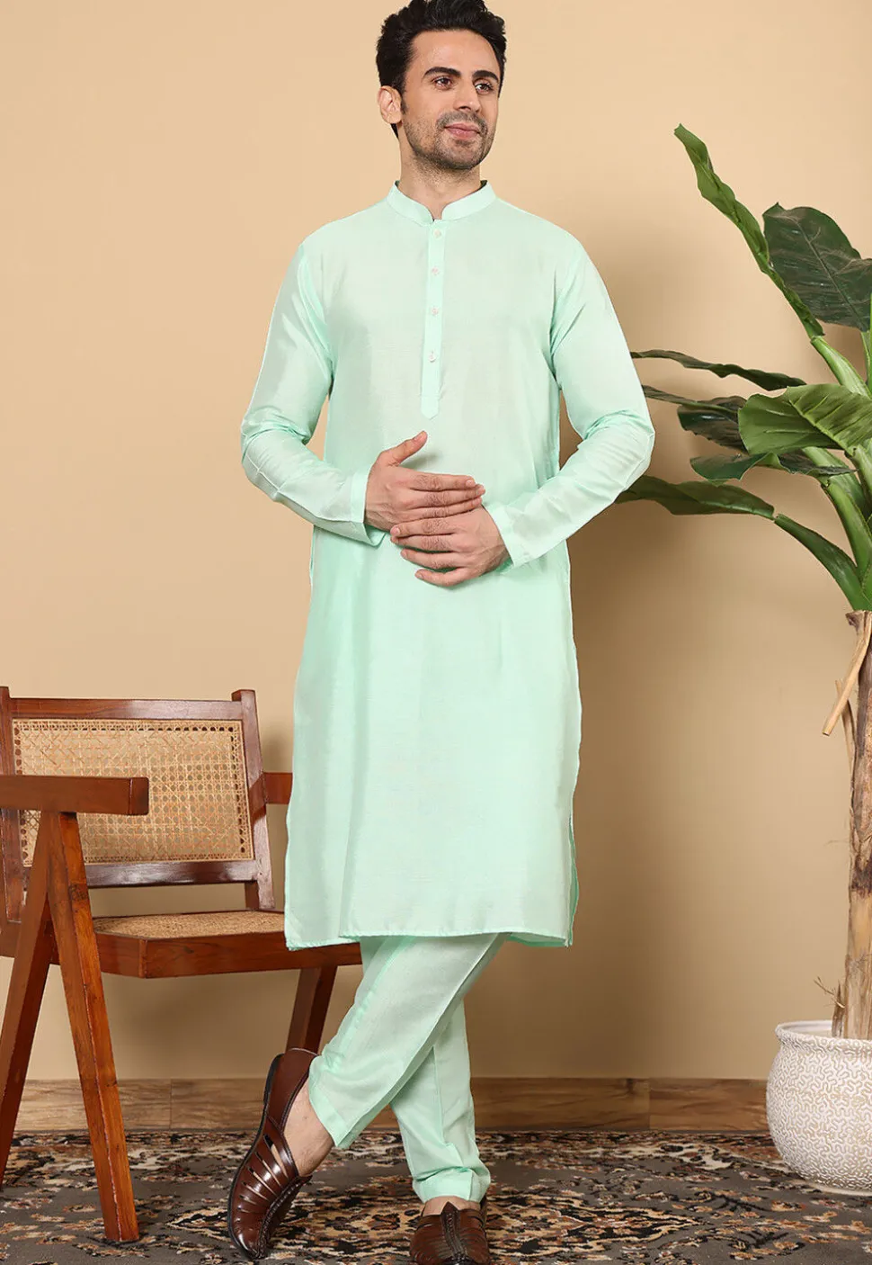Solid Color Viscose Silk Kurta in Sea Green