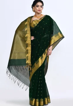 South Indian Sico Saree in Dark Green