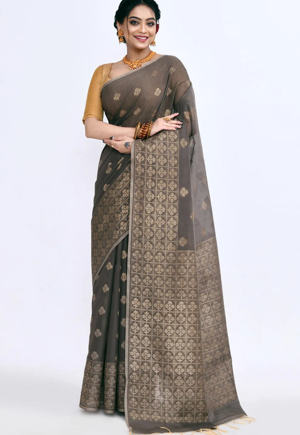 South Indian Sico Saree in Dark Grey