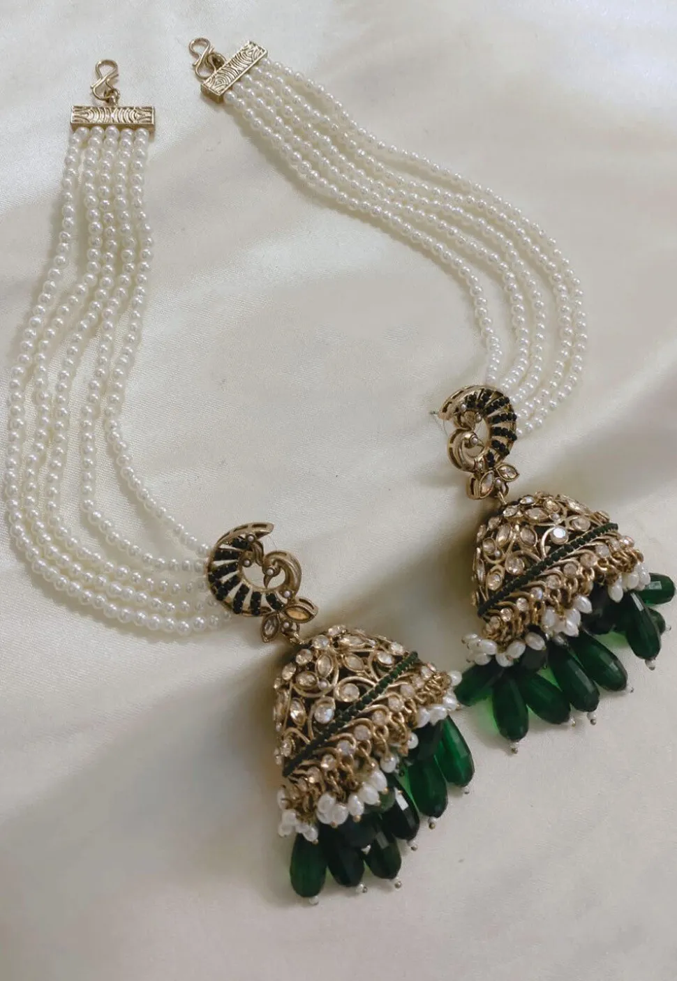 Stone Studded Jhumka Style Earrings with Layered Ear Chain