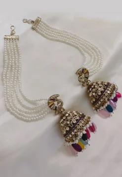 Stone Studded Jhumka Style Earrings with Layered Ear Chain