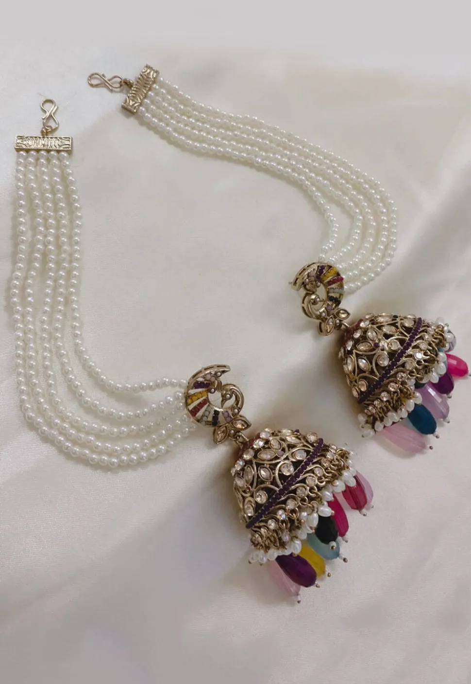 Stone Studded Jhumka Style Earrings with Layered Ear Chain