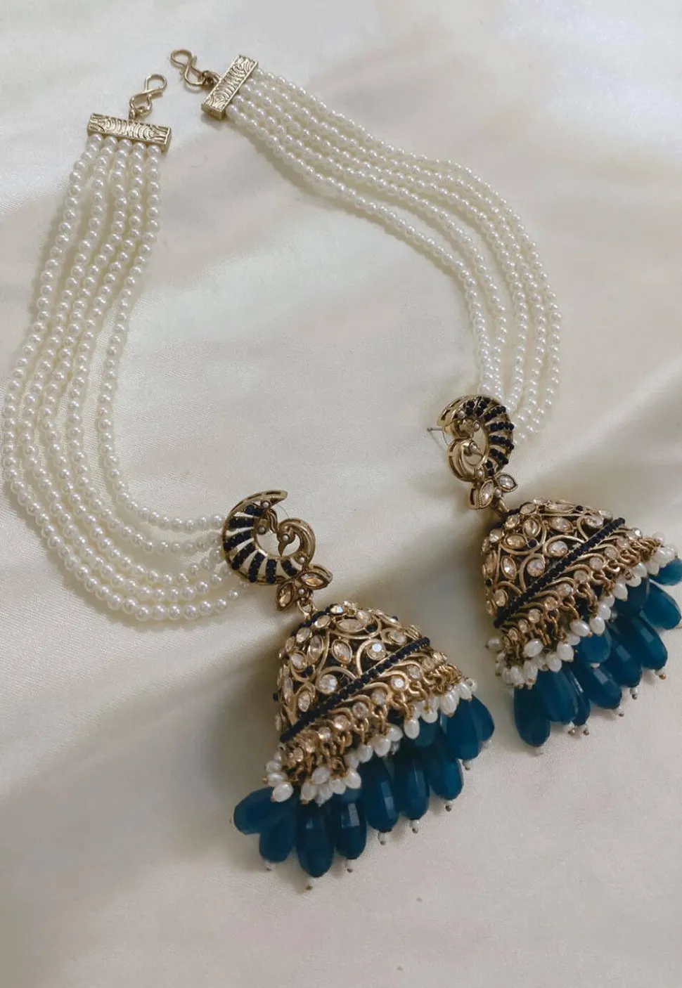 Stone Studded Jhumka Style Earrings with Layered Ear Chain