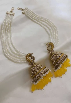 Stone Studded Jhumka Style Earrings with Layered Ear Chain