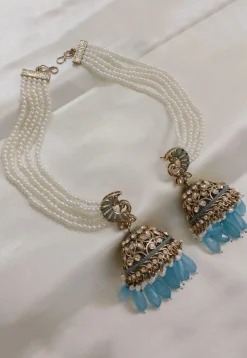 Stone Studded Jhumka Style Earrings with Layered Ear Chain
