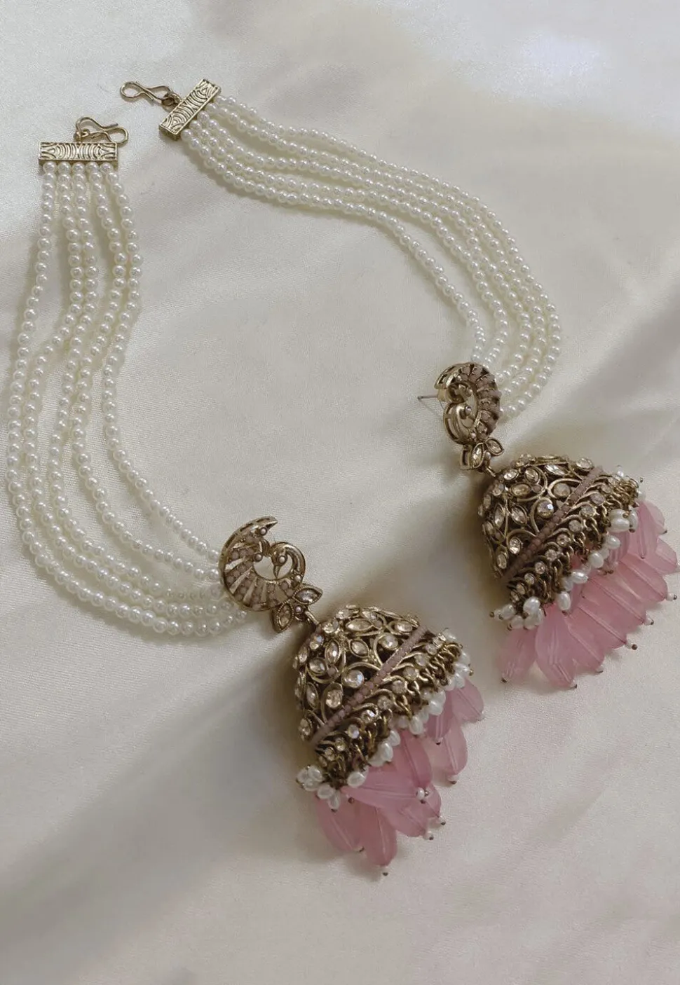 Stone Studded Jhumka Style Earrings with Layered Ear Chain