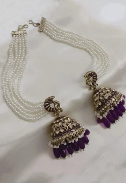 Stone Studded Jhumka Style Earrings with Layered Ear Chain