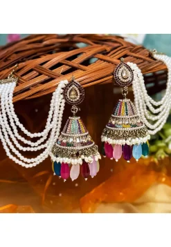 Stone Studded Jhumka Style Earrings with Ear Chain