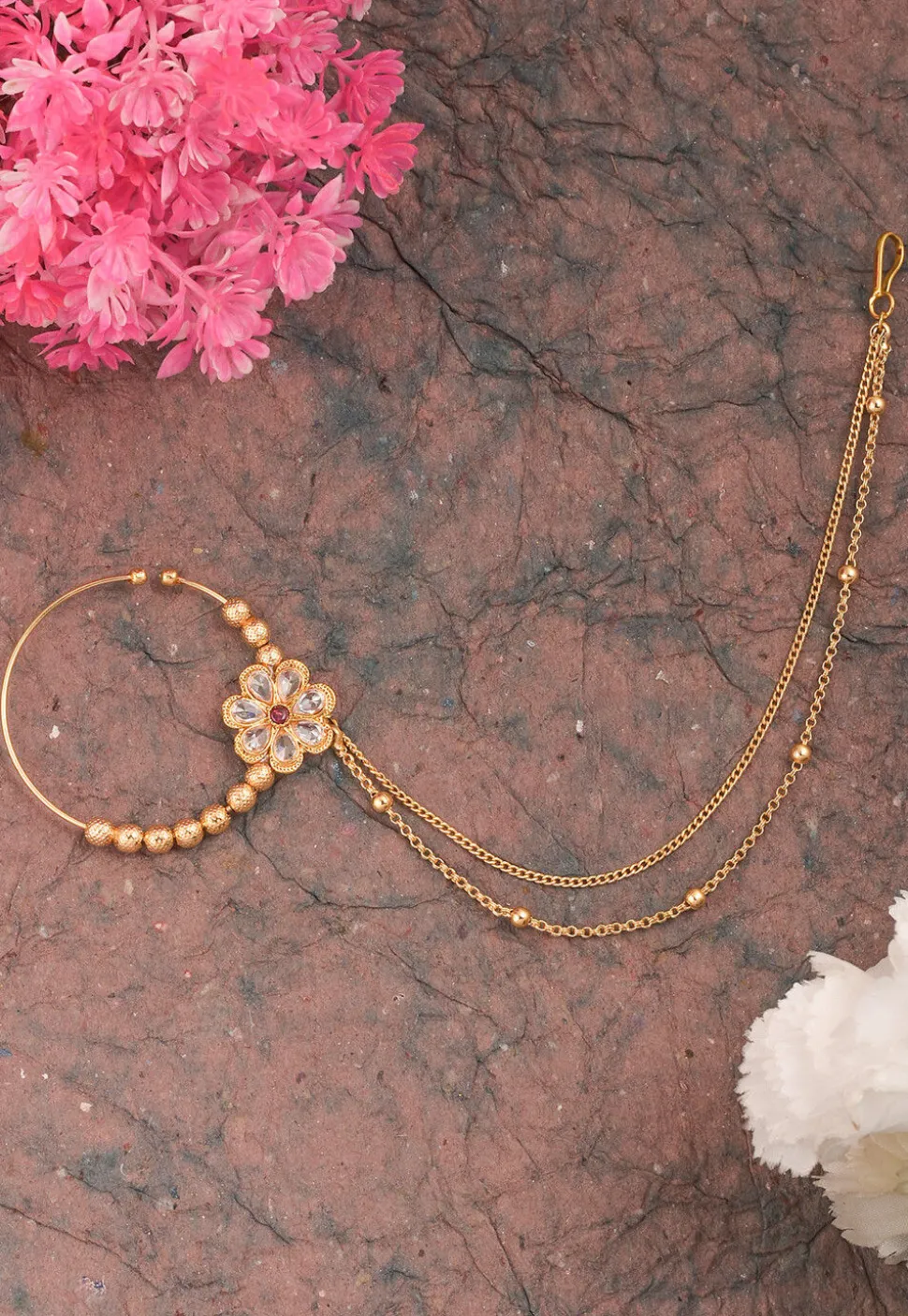 Stone Studded Nose Ring with Layered Chain