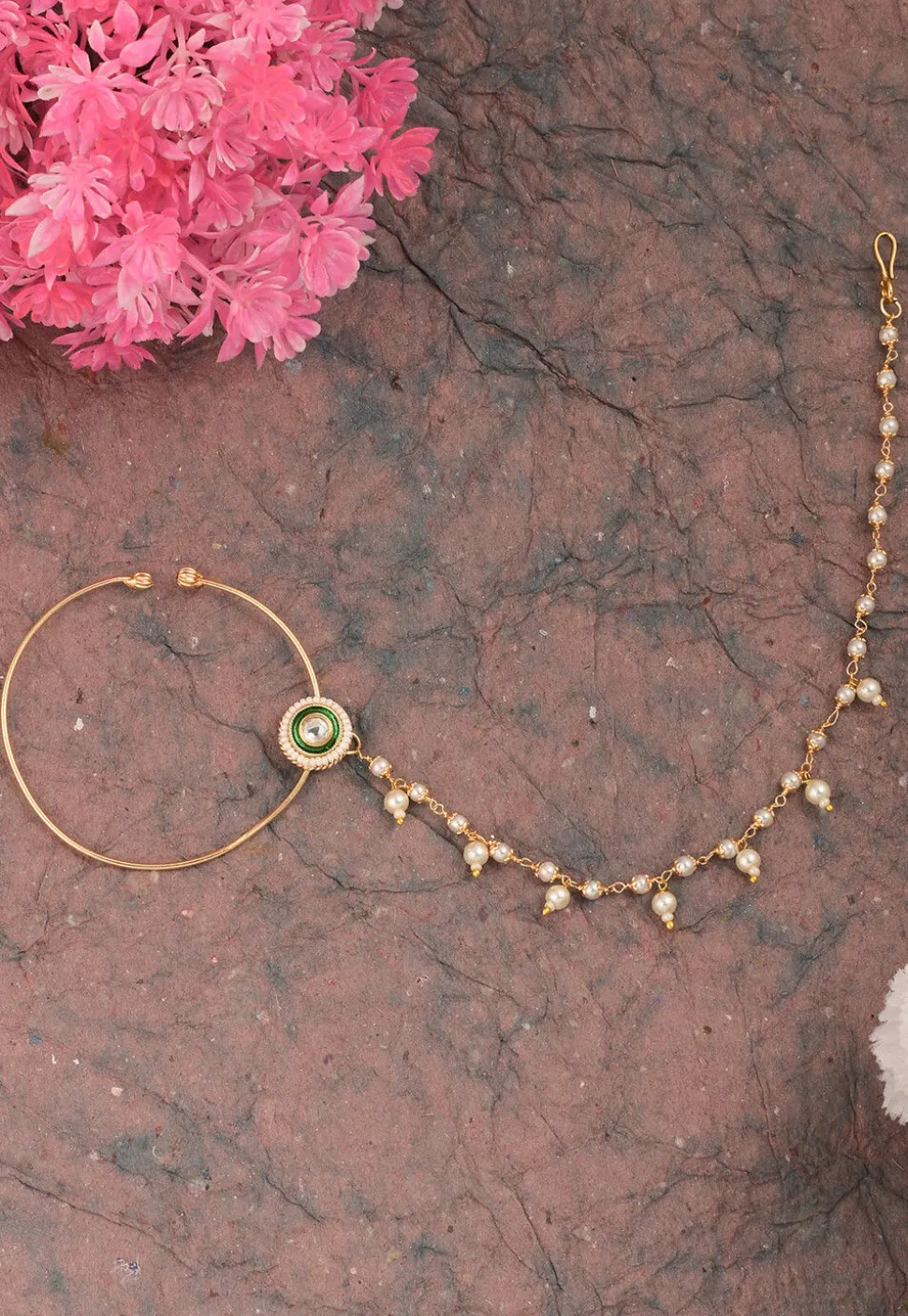 Stone Studded Nose Ring with Chain