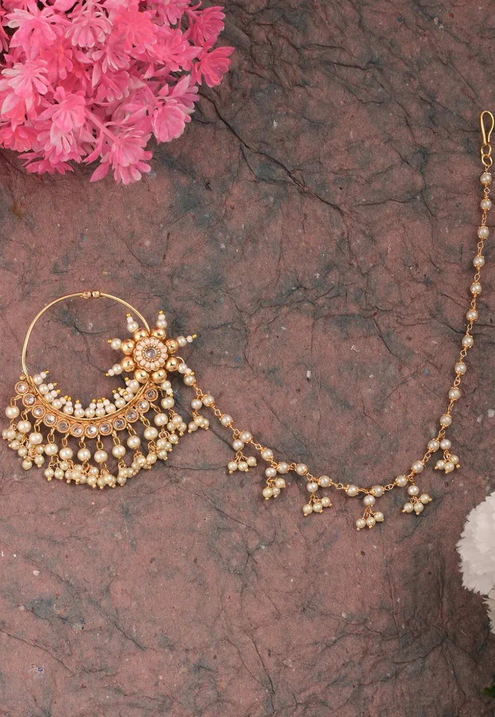 Stone Studded Nose Ring with Chain