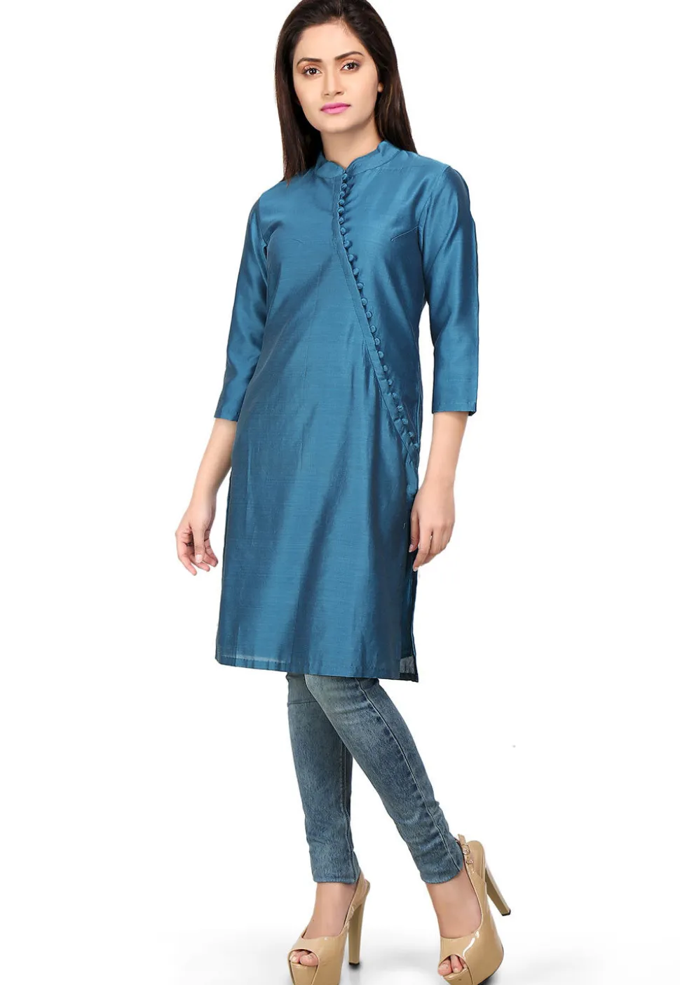 Straight Cut Plain Cotton Silk Kurta in Teal Blue