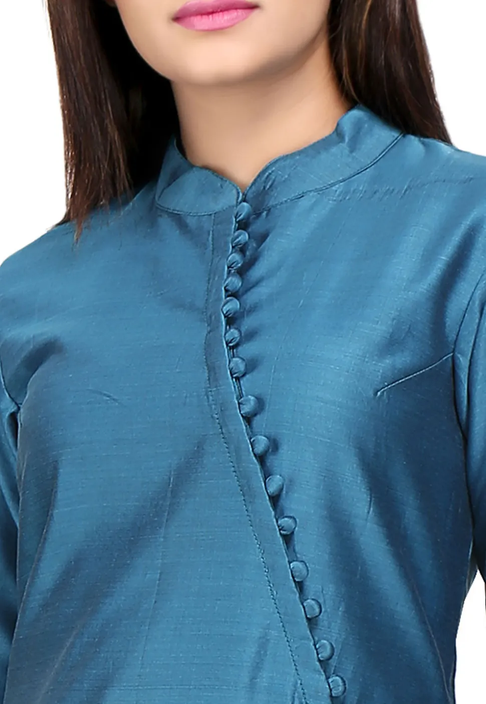Straight Cut Plain Cotton Silk Kurta in Teal Blue