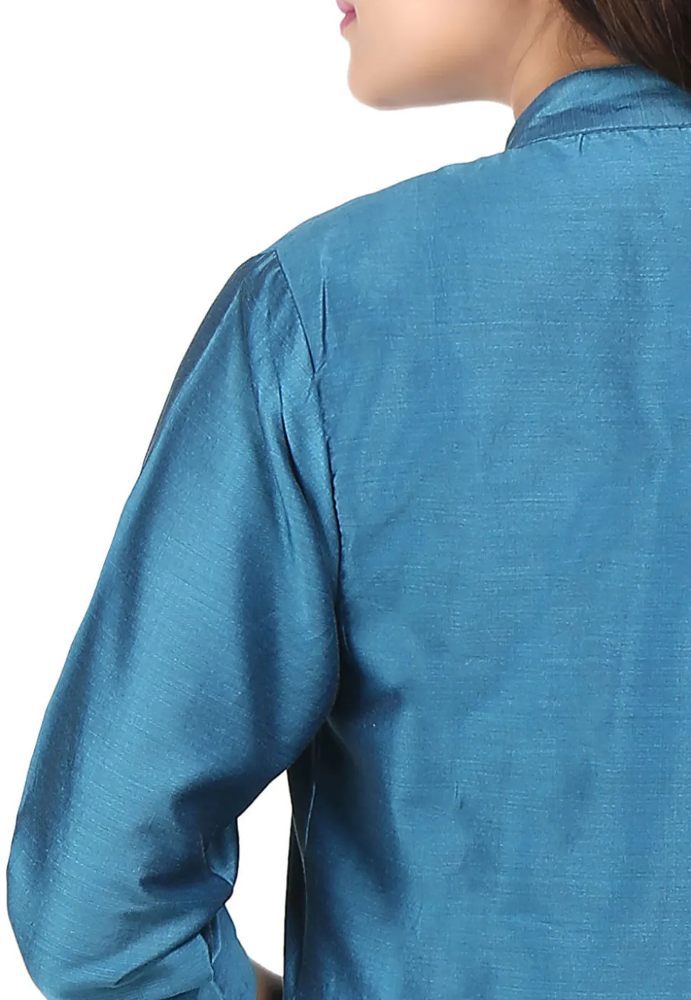 Straight Cut Plain Cotton Silk Kurta in Teal Blue