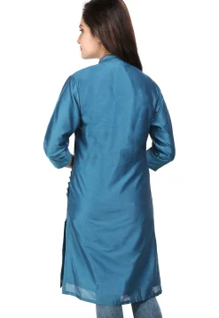 Straight Cut Plain Cotton Silk Kurta in Teal Blue