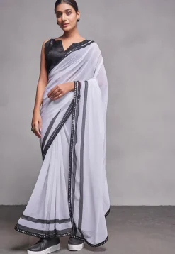 Stripe Printed Chiffon Saree in Grey