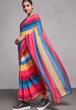 Stripe Printed Chiffon Saree in Multicolor
