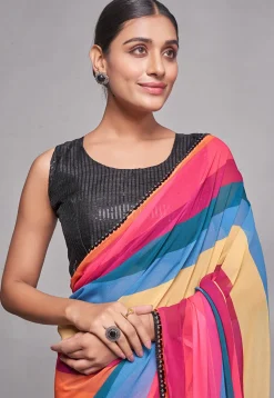 Stripe Printed Chiffon Saree in Multicolor