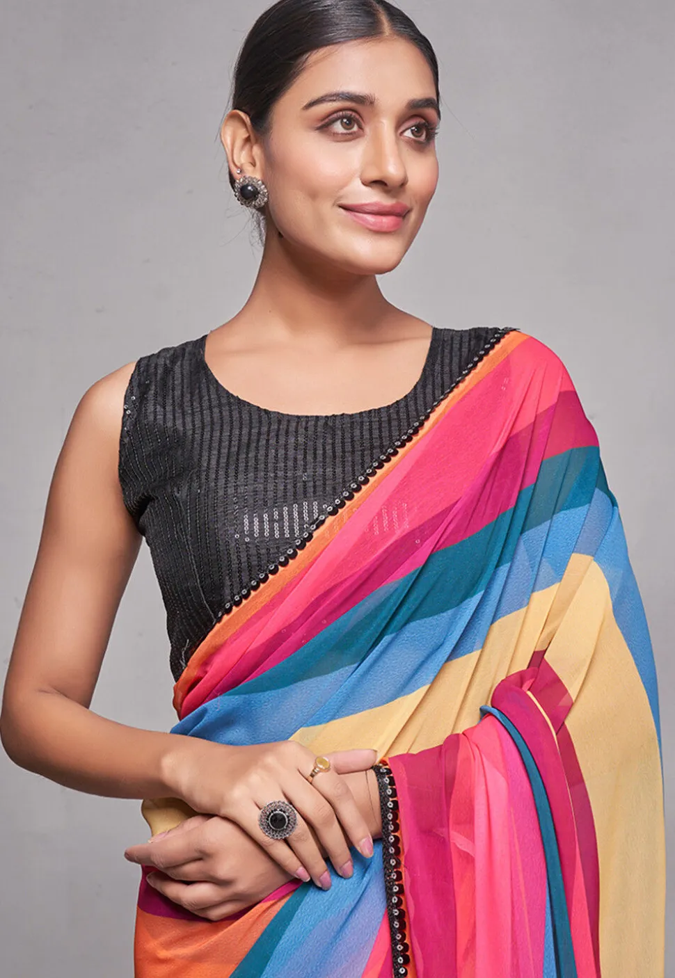 Stripe Printed Chiffon Saree in Multicolor
