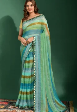 Stripe Printed Chiffon Saree in Blue