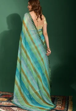 Stripe Printed Chiffon Saree in Blue