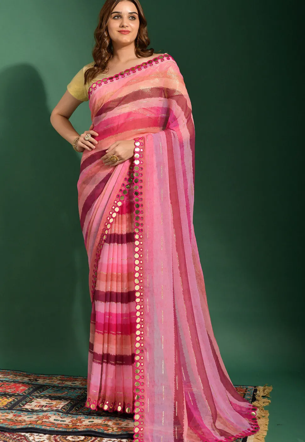 Stripe Printed Chiffon Saree in Pink