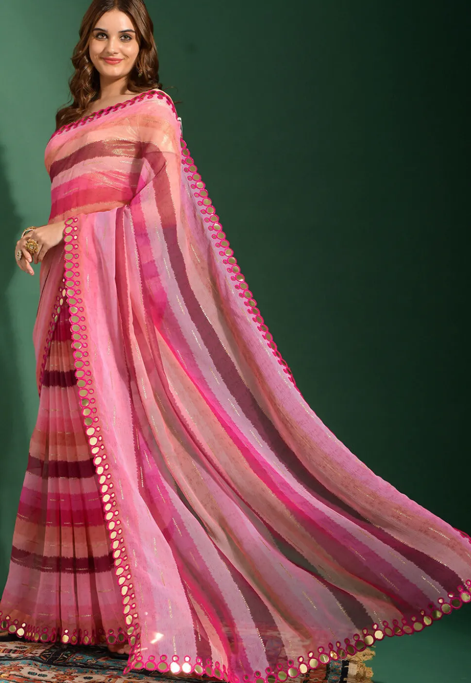 Stripe Printed Chiffon Saree in Pink