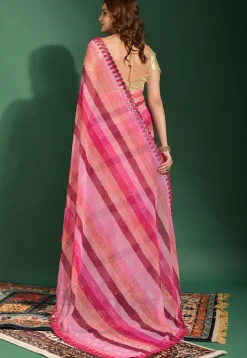 Stripe Printed Chiffon Saree in Pink