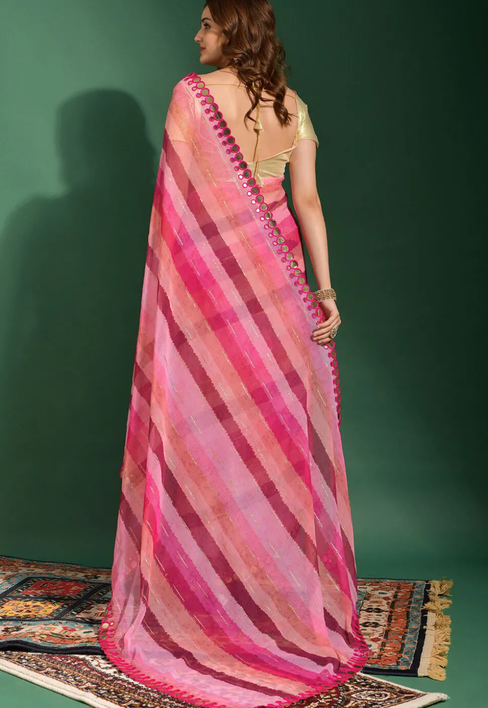 Stripe Printed Chiffon Saree in Pink