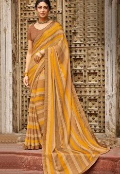 Stripe Printed Chiffon Saree in Beige and Yellow