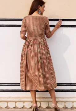 Stripe Printed Cotton Fit N Flare Dress in Multicolor