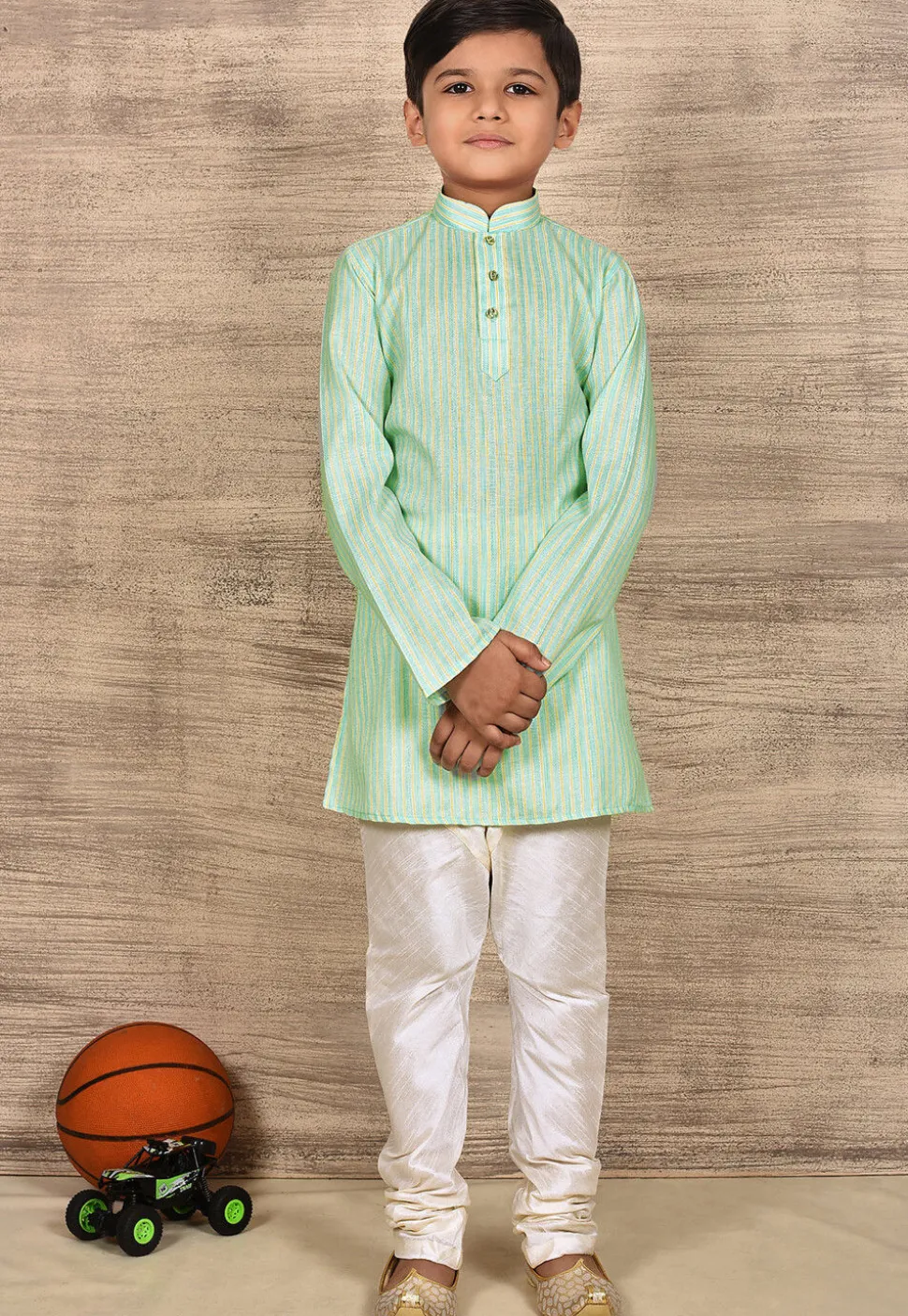 Stripe Printed Cotton Kurta Set in Sea Green