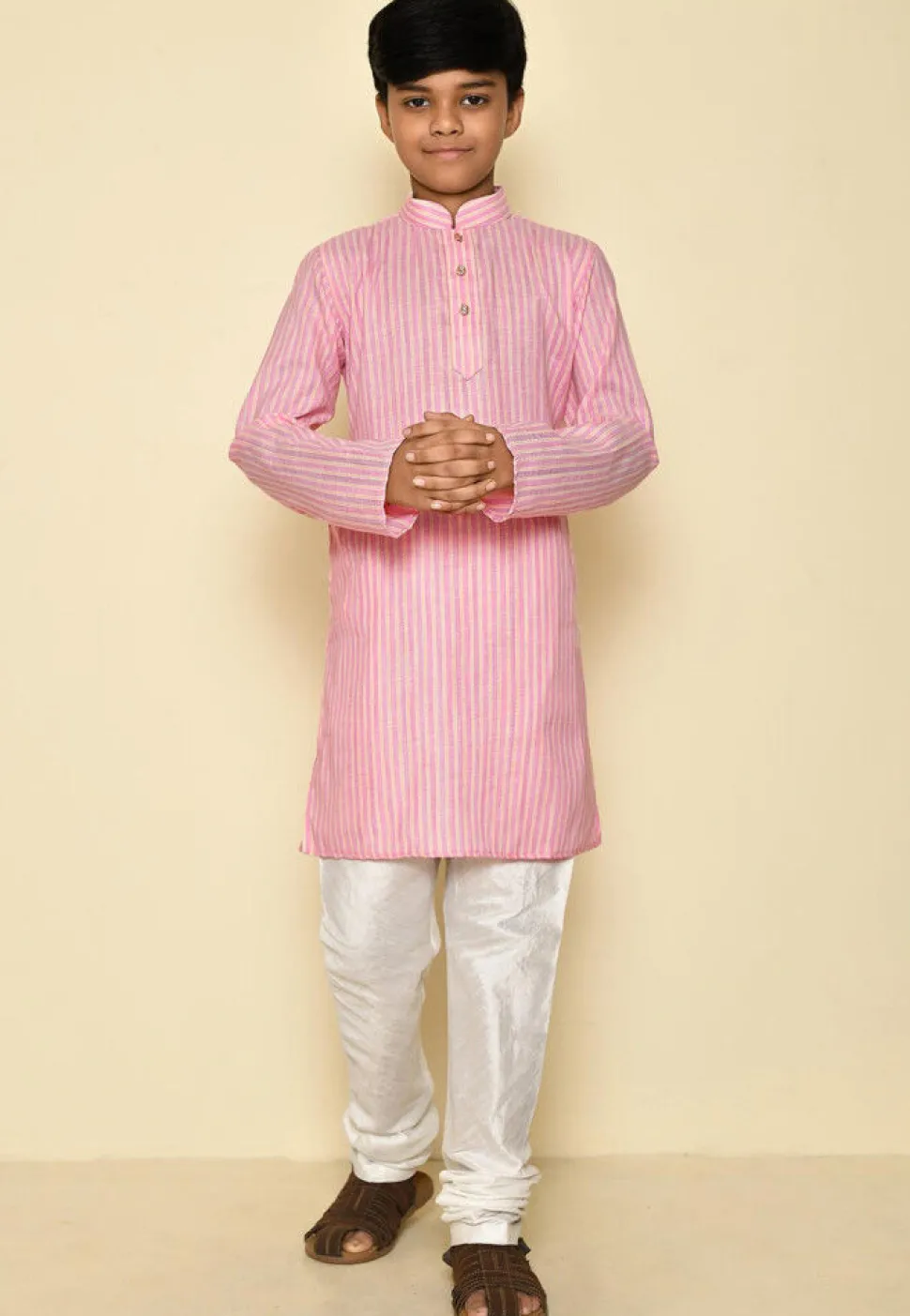 Stripe Printed Cotton Kurta in Pink and Yellow