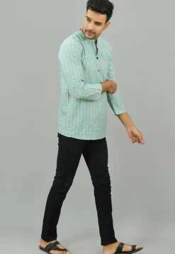 Stripe Printed Cotton Short Kurta in Sea Green