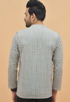 Stripe Printed Cotton Short Kurta in White and Grey