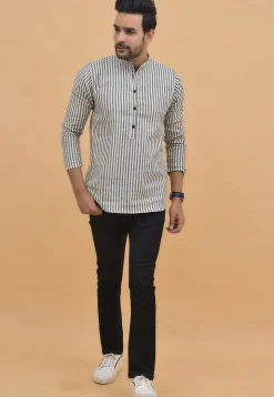Stripe Printed Cotton Short Kurta in White and Grey