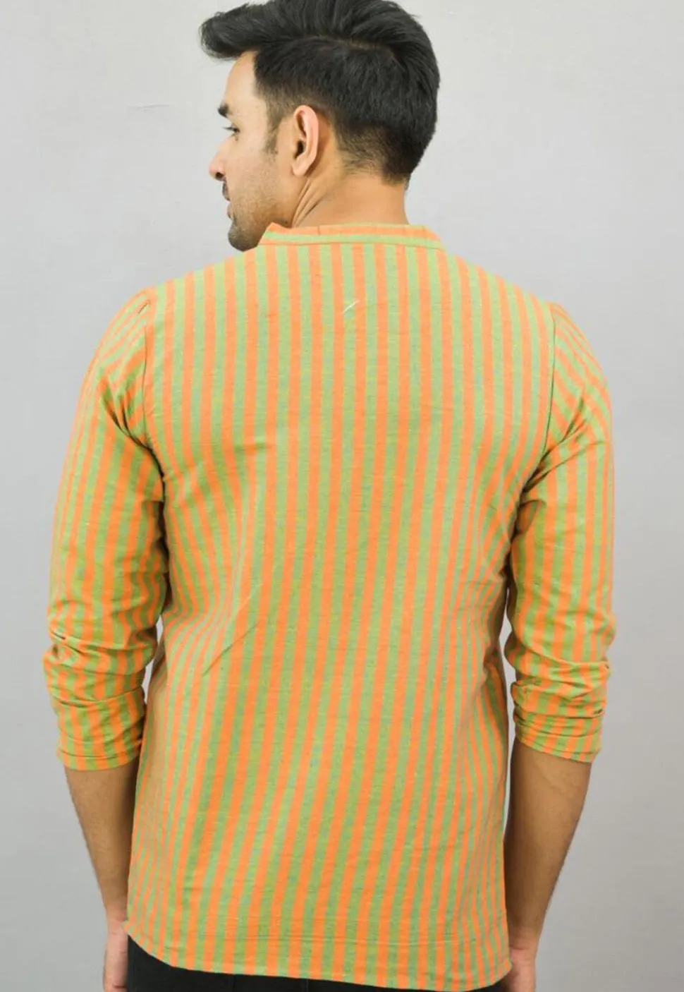 Stripe Printed Cotton Short Kurta in Olive Green