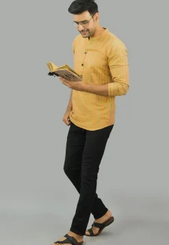 Stripe Printed Cotton Short Kurta in Olive Green