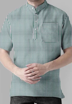 Stripe Printed Cotton Short Kurta in White and Green