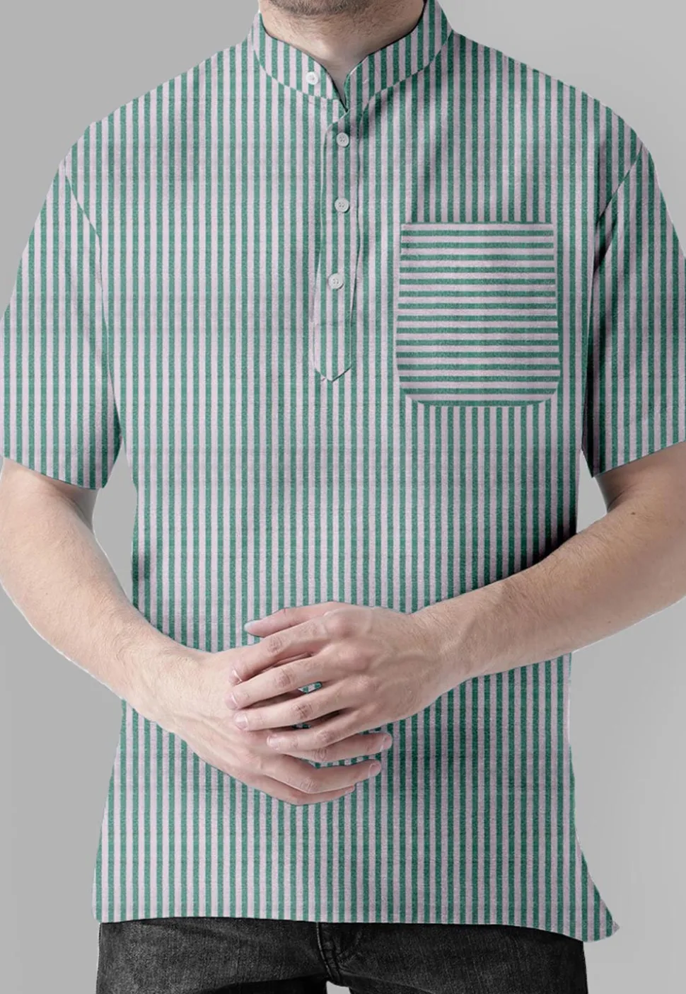 Stripe Printed Cotton Short Kurta in White and Green