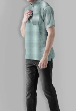 Stripe Printed Cotton Short Kurta in White and Green