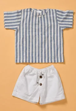 Stripe Printed Cotton Top Set in White and Blue
