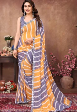 Stripe Printed Georgette Saree in Yellow and Grey