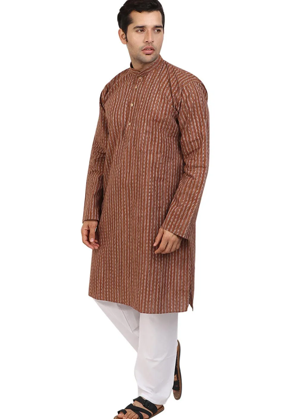 Stripe Printed Handloom South Cotton Kurta in Brown