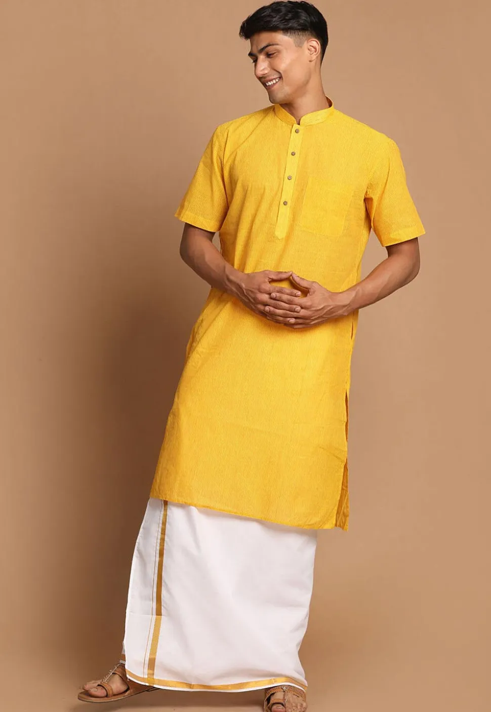 Stripe Printed Pure Cotton Kurta Mundu Set in Yellow