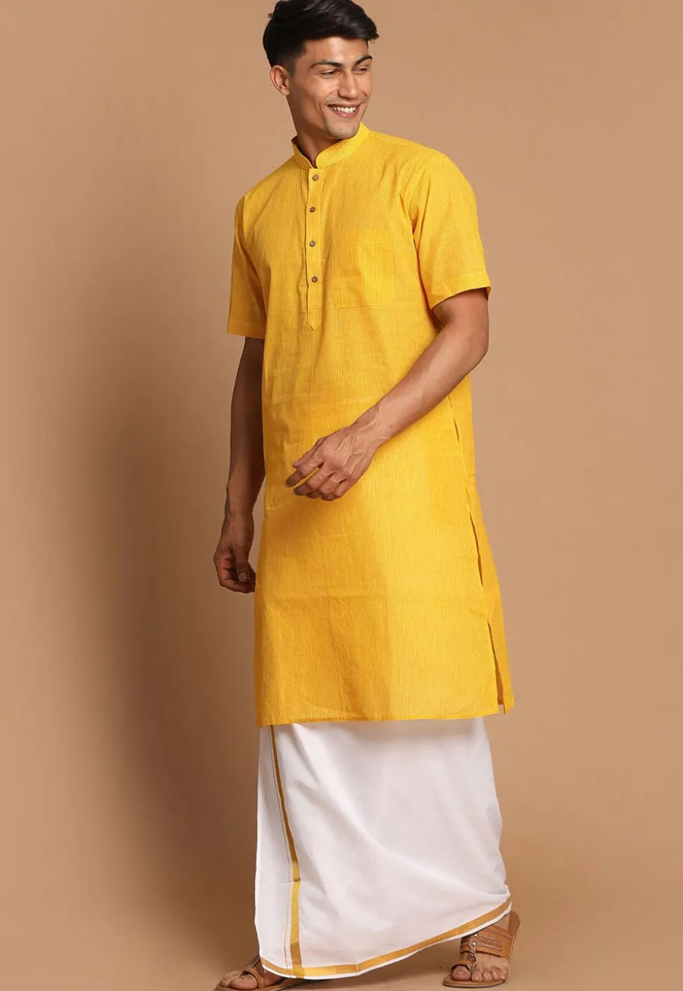Stripe Printed Pure Cotton Kurta Mundu Set in Yellow