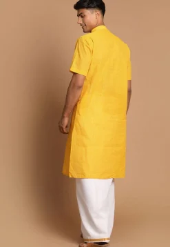 Stripe Printed Pure Cotton Kurta Mundu Set in Yellow