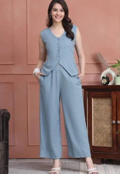 Stripe Printed Pure Cotton Lurex Co Ord Set in Sky Blue