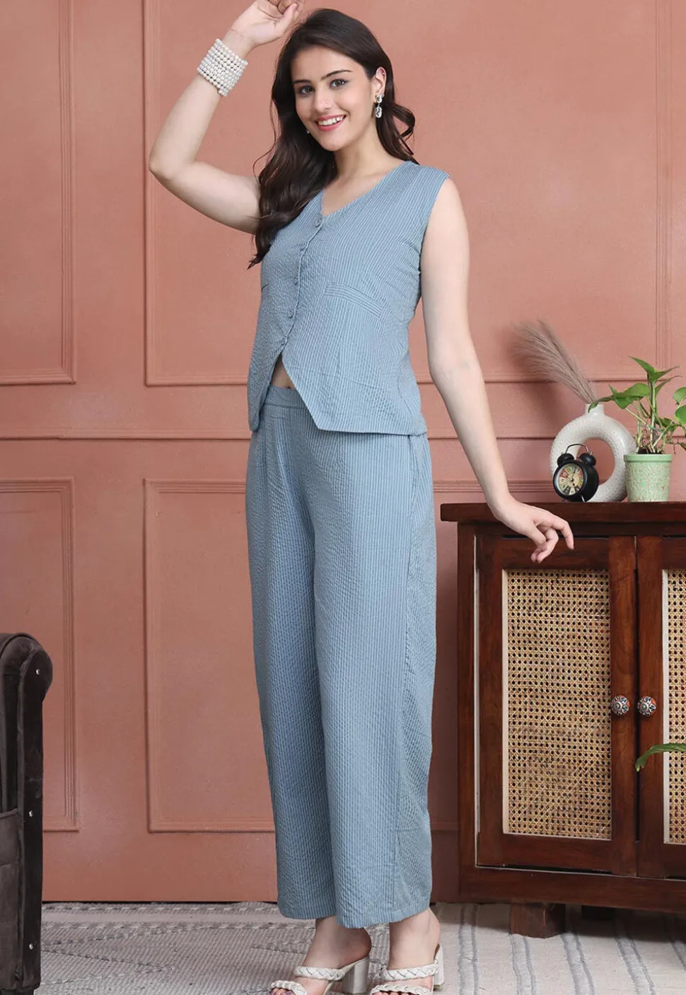 Stripe Printed Pure Cotton Lurex Co Ord Set in Sky Blue