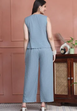 Stripe Printed Pure Cotton Lurex Co Ord Set in Sky Blue